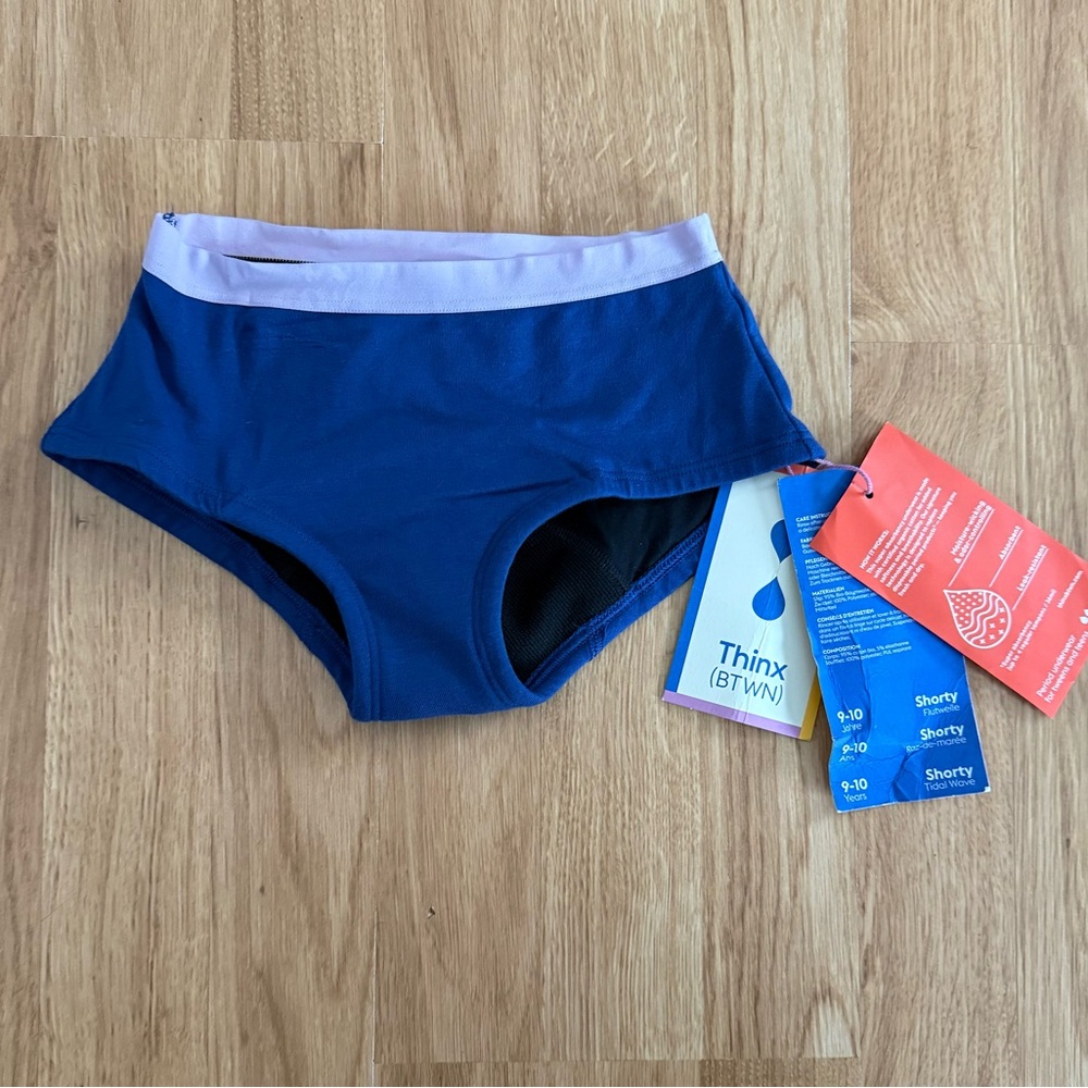 NEW Girls Thinx (BTWN) Period-Proof Underwear - Organic Cotton - Blue - 9/10